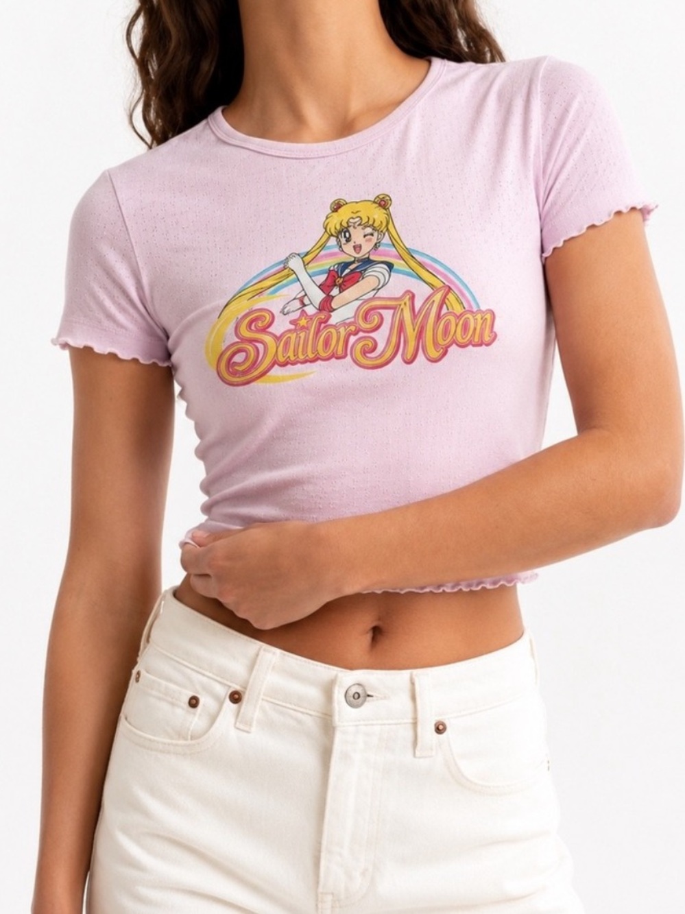 Sailor Moon Cropped Baby Tee XL NEW Retro Y2K Inspired Pink Ruffled Hem Coquette